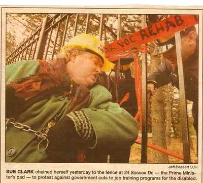 Sue Clark-Wittenberg chains herself to Canadian Prime Minister's fence