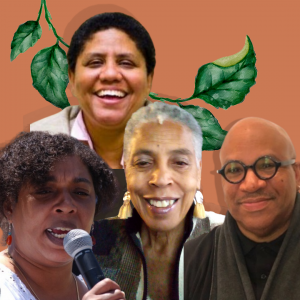 Four African American individuals, Celia Brown is in the foregound with a microphone, the others, all smiling are in close proximity.