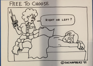 This is an image taken at the OHSU exhibit. It featuress a cartoon drawing of a nurse with curly hair. She is holding a large syringe over the bottom of a male psychiatric patient who is physically restrained with handcuffs. The nurse is asking him, "Right or left?" in bold font. The title of the cartoon is called "Free to Choose"