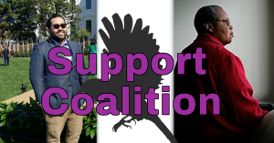Purple text reading "Support Coalition" super-imposed on a silhouette of a bird. In background, on left photo of Vesper Moore, mixed-race indigenous person, in suit with sunglasses in front of White House lawn, on right photo of TC Dumas, African American woman in red coat in front of blank wall.