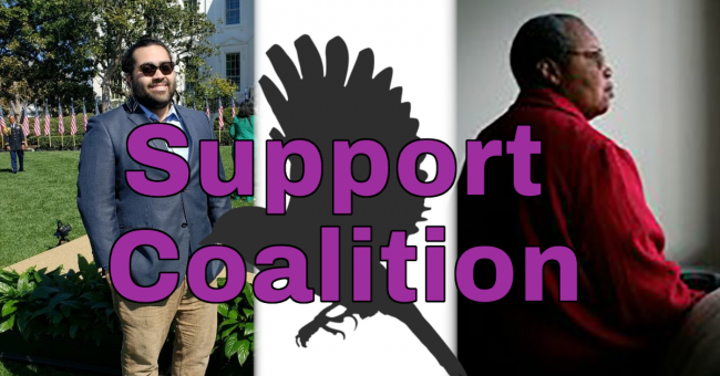 Purple text reading "Support Coalition" super-imposed on a silhouette of a bird. In background, on left photo of Vesper Moore, mixed-race indigenous person, in suit with sunglasses in front of White House lawn, on right photo of TC Dumas, African American woman in red coat in front of blank wall.
