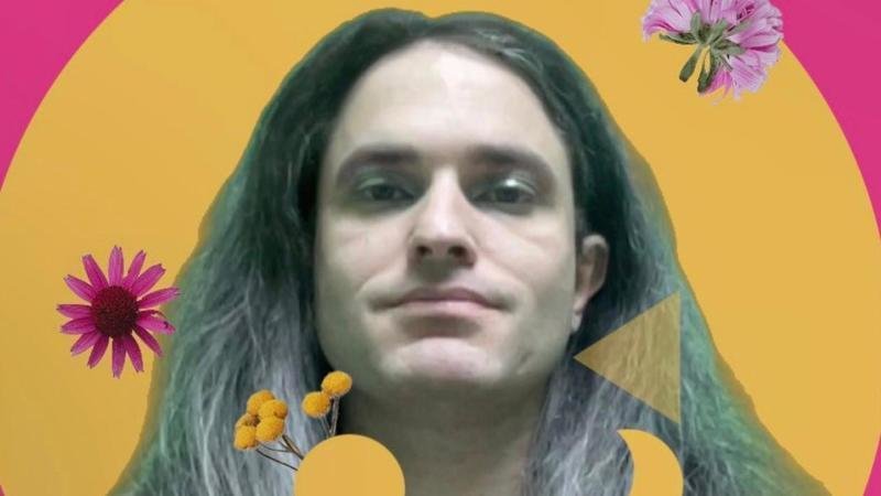 A photo of a long-haired, light-skinned individual. Photos of flowers are airbrushed into the image.