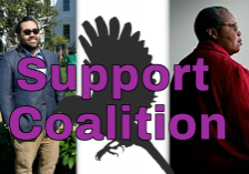 Purple text reading "Support Coalition" super-imposed on a silhouette of a bird. In background, on left photo of Vesper Moore, mixed-race indigenous person, in suit with sunglasses in front of White House lawn, on right photo of TC Dumas, African American woman in red coat in front of blank wall.